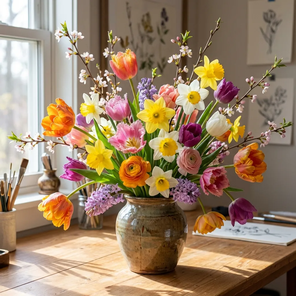 Arreglo primaveral en jarrón cerámico